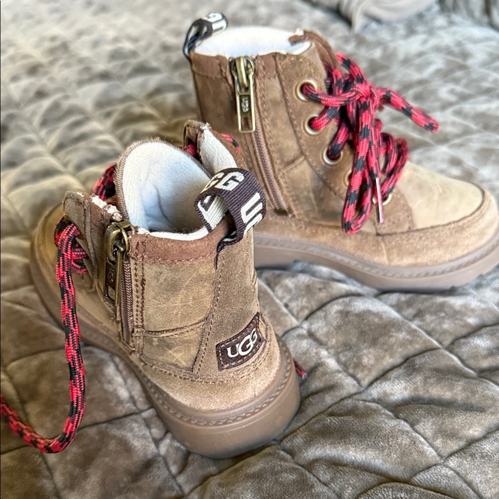 UGG Kids Tan Boots with Red Checkered Laces